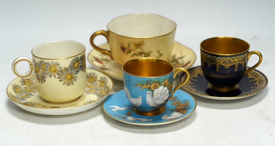 Four miniature Worcester cups and saucers, including a blush ivory ground, one signed G Johnson, largest 12.5cm wide. Condition - fair